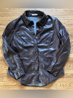 Avec Les Filles Faux Leather Shirt Jacket Chocolate Brown Snaps XL